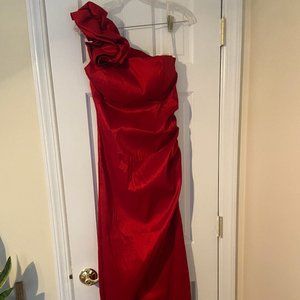 XSCAPE One-shoulder red midi dress